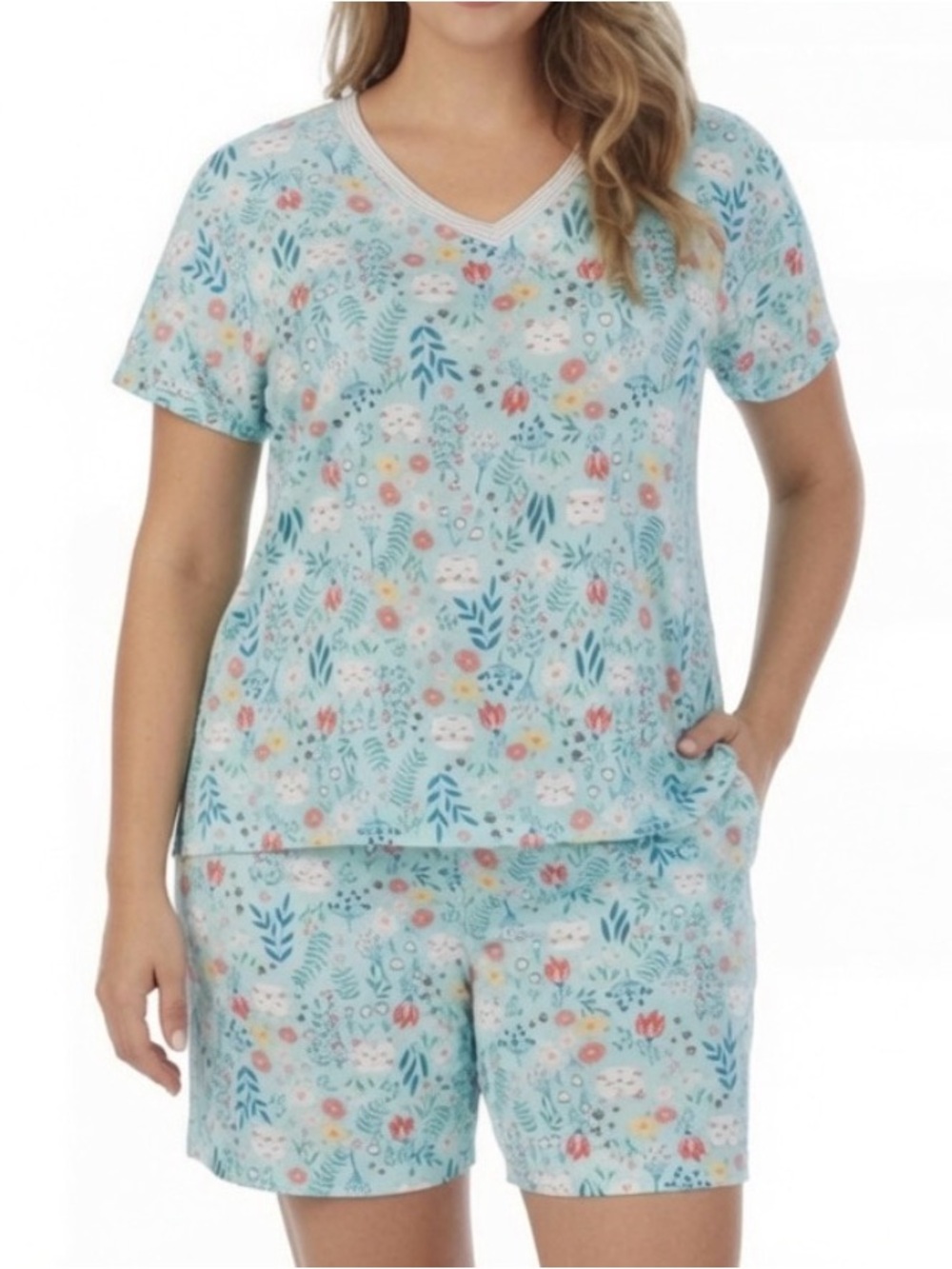 New Cuddl Duds pajamas set top and short with pockets XS cat floral